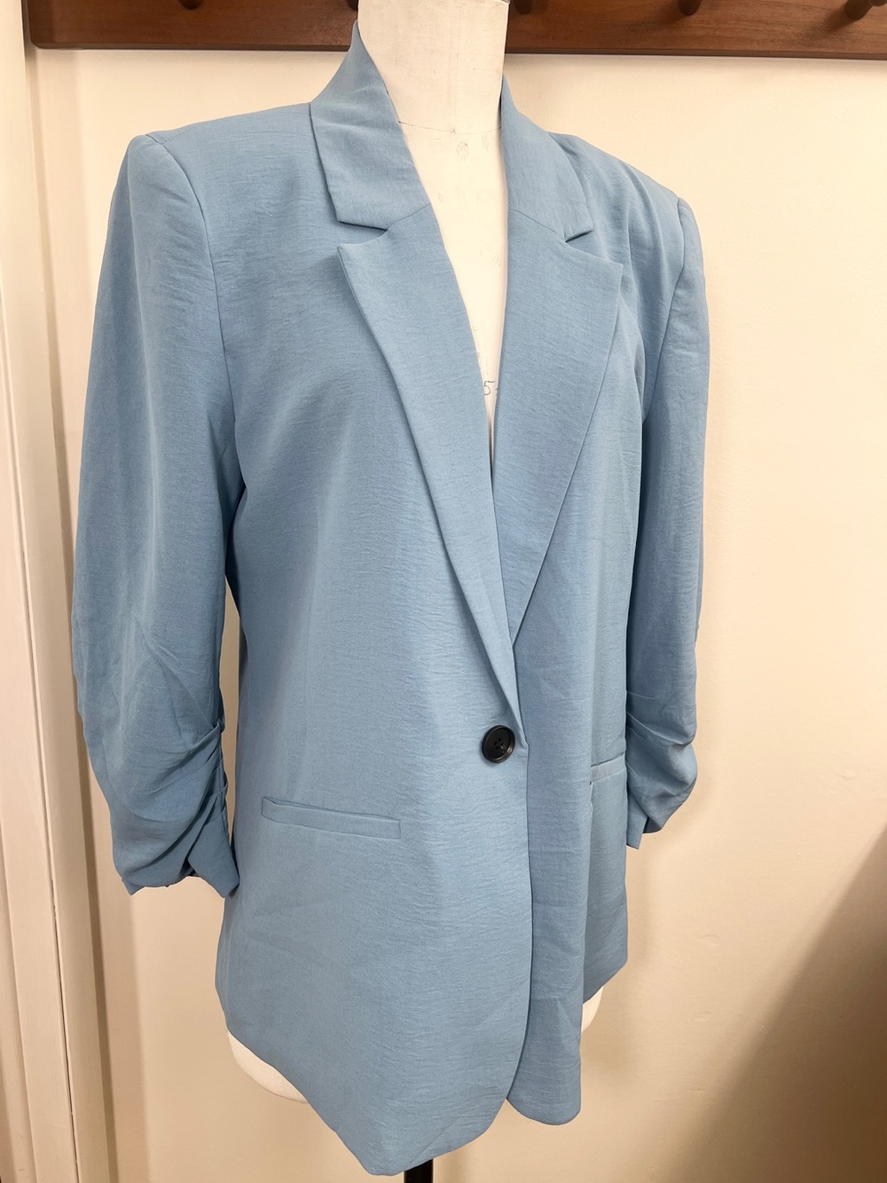 Machine Washable Powder Blue Scrunched Sleeve Single-Button Blazer